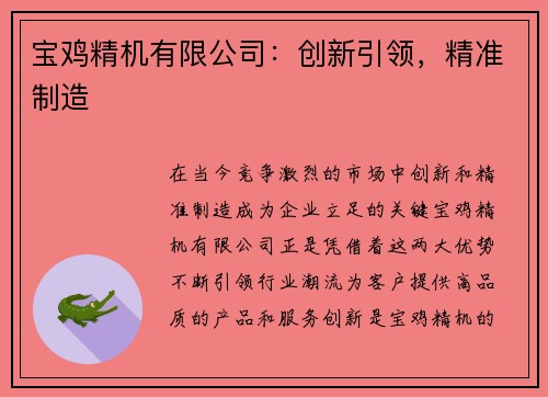 宝鸡精机有限公司：创新引领，精准制造